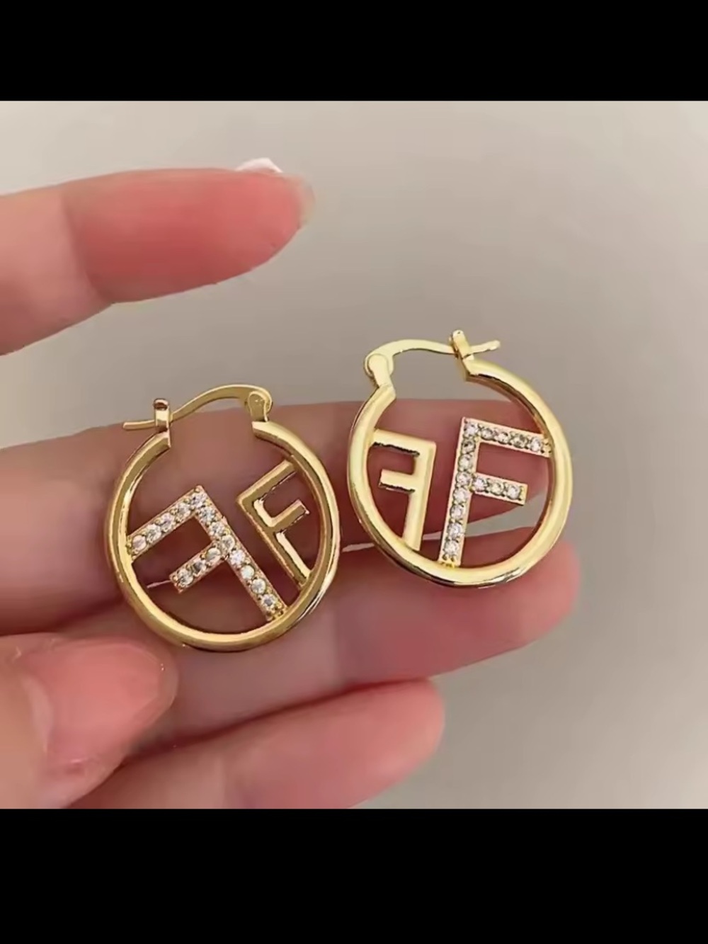 Gold Tone Crystal Initial Hoop FF Earrings - Women Jewelry